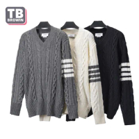 TB men's turtleneck sweater brand v collar Thom British striped 4-bar wool bottomed pullover luxury