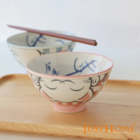【Just Home】日本製美濃燒陶瓷4.7吋中式飯碗250ml-粉色招財貓(丸浦大平)