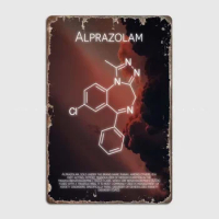 Alprazolam Molecule Metal Tin Plaque with Neon Sign for Wall Decoration, Featuring Drug Molecules Art