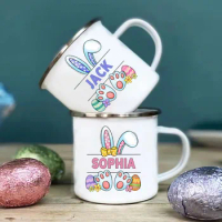 Personalized Bunny Easter Enamel Mugs Custom Name Kids Cocoa Chocolate Sibling Mug Easter Party Drink Juice Milk Cup Kid Gift
