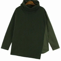 XITAO Turtleneck Asymmetrical Folds T-shirts Patchwork Pullover Loose Solid Color Long Sleeve Tops Spring Casual New HQQ1851
