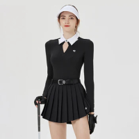 Blktee Golf Clothing Top Bowknot Neck Long Sleeve Polo Shirt Short Skirt Slim Quick Dried Sports Jersey Ladies Pleats Skort