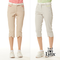 【Lynx Golf】女款日本進口布料吸排抗UV機能配色織帶剪接造型花瓣褲口設計窄管七分褲(二色)