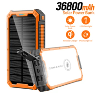 Solar Power Bank 36800mAh Portable Qi Wireless Charger Powerbank for iPhone 14 X Samsung S22 Xiaomi Poverbank with Camping Light