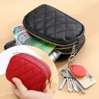 Women Plaid Double Coin Wallet Zero Wallet Keychain Storage Capacity Zipper Card Double-layer L8M4