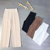Quần ống rộng khóa sườn hông lưng cao duyên dáng quần tây khóa sườn ống suông rộng dài màu Đen vải m