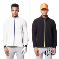 【Lynx Golf】男款抗UV機能輕薄舒適後背山貓沖孔造型配布剪裁設計拉鍊口袋長袖外套(二色)