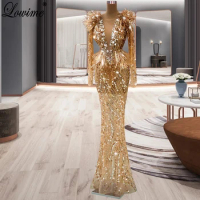 Sparkly Golden Beaded Evening Dresses Bling Bling Long Sleeves Evening Gowns Mermaid Special Occasion Gowns Vestidos De Mujer