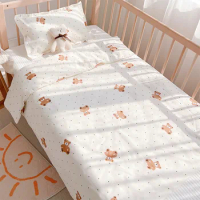 3Pcs Set Newborn Baby Cot Sheet Duvet Cover Case Pillowcase Cotton Cartoon Print Crib Flat Bed Sheet Infant Toddlers Beddings