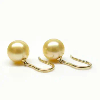 AAA 9-10mm Real South Sea Golden Pearl Hook Drop Earrings 14K Solid Yellow Gold