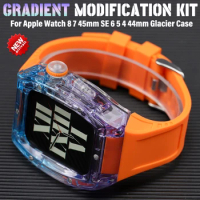 Transparent Gradient Modification Kit For Apple Watch 8 7 45mm Glacier Case Rubber Strap For Iwatch 6 SE 44mm Sport Rubber Band