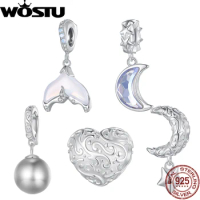 WOSTU 925 Sterling Silver Vintage Texture Pearl Pendent Sea Jellyfish Tail Moonlight Charm Fit Original Bracelet Bangle DIY Gift