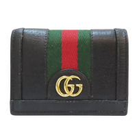 【二手名牌BRAND OFF】GUCCI 古馳 黑色 牛皮 Ophidia 雙折 扣式短夾 523155
