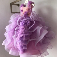 Cute Fluffy Organza Ruffles Flower Girl Dresses Beautiful Tulle Floral Long Pageant Dress For Girls Puffy Kids Communion Gowns