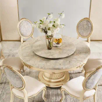 Palace retro French style natural marble dining table European style solid wood rotary table, round dining table