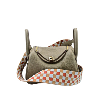 HERMES 愛馬仕 經典Mini Lindy TC皮 織布背帶/金扣手提/肩背包 (大象灰/W刻)