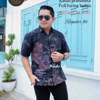 kemeja batik biru dongker lengan pendek lapis furing premium