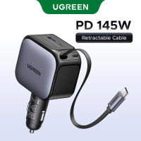 UGREEN 145W Car Charger 3 Port with Retractable Cable Pengecas Kereta dengan Kabel USB C Boleh Tarik