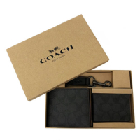 COACH 男款8卡短夾附鑰匙圈活動證件夾禮盒(C LOGO-黑褐)