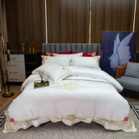High End Wedding Bedding Set Luxury Golden Embroidered 600TC Egyptian Cotton White Duvet Cover Bed Sheet Pillow shams