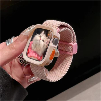 Korean Cute Braided Strap + Case For Apple Watch Band 44 40 45 41 49 MM Girl Elastic Magnetic Bracelet For iWatch 9 8 SE 7 6 5