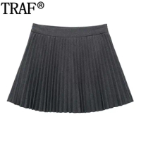 TRAF 2024 Women's Skort Pleated Skort For Women High Waist Grey Mini Skirt Pants Woman Fashion Autumn Winter Short Skirts