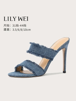 Lily Wei夏季新款復古藍色牛仔布拖鞋時裝涼鞋一字帶女高跟鞋大碼