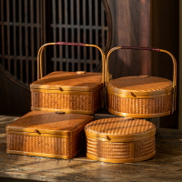 復古竹編食盒提盒戶外茶盒提籃點心竹籃茶具收納盒圓形手提籃大號