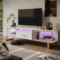 TV Stand with LED Light , Modern Entertainment Center with Open Storage and Half-Glass Design Drawer, High Gloss Media Console
