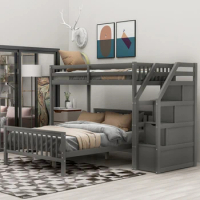 Twin over Full Loft Bed with Staircase,Multifunctional bed with guardrails &amp; ladder handrails,suitable for Kids youth bedroom