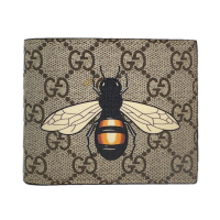 【GUCCI 古馳】451268 經典雙GG Supreme帆布蜜蜂印花對開錢包短夾(棕色)
