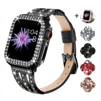 Diamond Metal+Leather Strap for Apple Watch Ultra2 49mm 9 8 7 45mm 41mm Women Exquisite Bracelet 6 5 4 SE 44mm 40mm Watch Case
