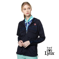【Lynx Golf】女款彈性舒適涼爽透氣交叉壓條袋蓋連帽長袖外套-深藍色