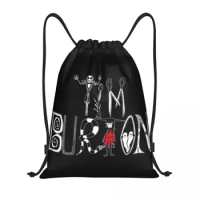Tim Burton Alphabet Drawstring Backpack Women Men Sport Gym Sackpack Foldable Halloween Gothic Film Training Bag Sack