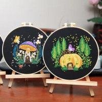 20cm hoop Cartoon mushroom tale European embroidery kit hand embroidery Ribbon kit embroidery needlework