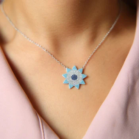 Promotion Silver Color Micro Pave White Blue Nano Turquoises Stone High Quality Sun Pendant Necklace