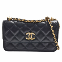 CHANEL香奈兒 經典仿舊雙C LOGO菱格紋小牛皮鍊帶斜背小包(黑色)