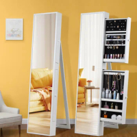 Fashion Standing Mirror Jewelry Cabinet With Two Storage Drawer,Full-length glass mirror and Luxurious interior,for bedroom