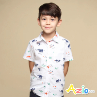 【Azio Kids 美國派】男童 上衣 滿版動物印花單口袋短袖襯衫(白)