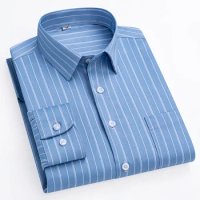 New Men's Stretch Anti-Wrinkle Striped Shirt Men's Long Sleeve Formal Plaid Shirt Men's Slim Fit Social Business Shirt S-5XL