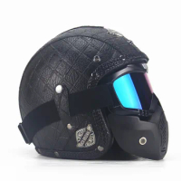 S/m/l/xl/xxl Adult Motorcycle Helmet Vintage Bicycle Men's Leather Riding Gear with Face Mask Riding Safety Helmet