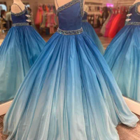 Ombre Little Miss Pageant Dress for Teens Juniors Toddlers 2022 Beading Chiffon Flower Girl Gown One-Shoulder Formal Party