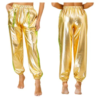 Womens Metallic Shiny Jogger Pants Fashion Punk Trousers Club Rave Party Disco Jazz Pole Dancing Costume Clubwear Streetwear