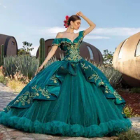 Green Mexican Quinceanera Dress 2023 Neck Beaded Applique Vestidos XV Años Sweet 16 Dress Robe De Soirée Girls Birthday Wear