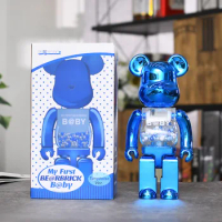 Bearbrick400% Electroplated Blue Qianqiu Building Block Bear Trendy Toy Gift Ornament 28cm Height Collectible Gift Figure