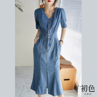 初色 短袖V領收腰開衩魚尾中長裙連衣裙牛仔洋裝-牛仔藍-68304(M-XL可選)