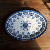 法式藍色碎花橢圓盤陶瓷長條盤日式料理點心燒烤BBQ盤魚盤