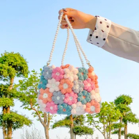 Flower Hand Woven DIY Knitted Bag Women Cotton Woolen Daisy Bag New Shoulder Messenger Bag Rural Style Pearl Chain Crochet Bag