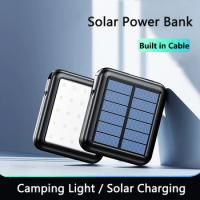 Mini Solar Power Bank 20000mAh Built in Cable Portable Solar Charging Powerbank with LED Light for iPhone Samsung Huawei Xiaomi