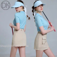 DK Summer Short-sleeved Knitted Tops lady Slim Lapel Golf T-shirt Lady Anti-expose Skirt Split Pencil Skort Golf Women Suits